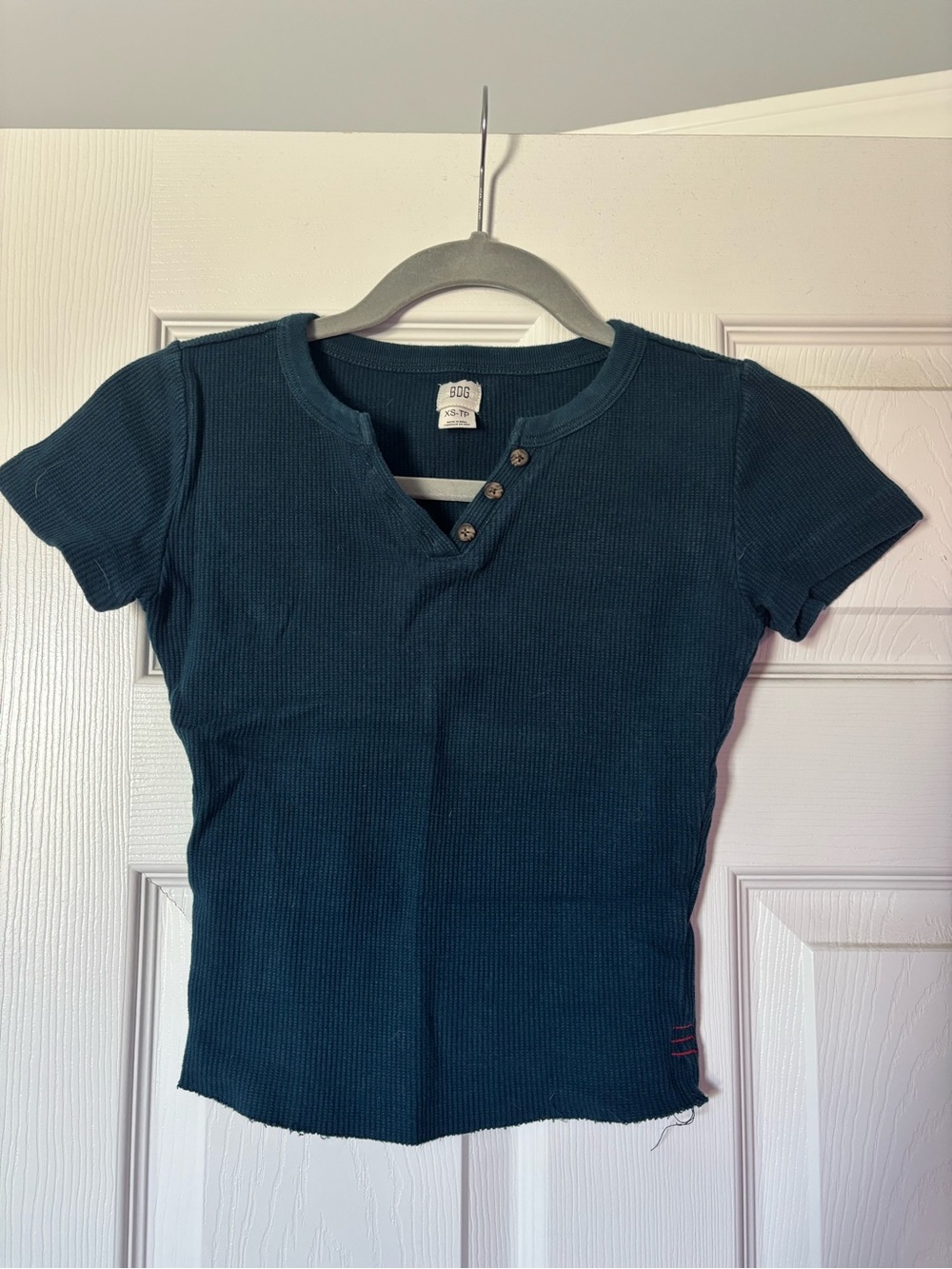 Short Sleeve Ribbed Henley Tee in Dark Teal for Women’s